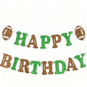 Football themed Happy Birthday banner with green and brown glitter letters for party decor