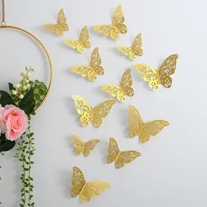 Hollow Butterfly Wall Stickers Metallic Paper Decals Stereoscopic Laser Cut Mural For Home Wedding Party Decor Room Art