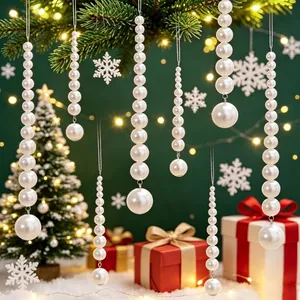 Elegant white pearl bead string Christmas ornaments hanging in a festive setting