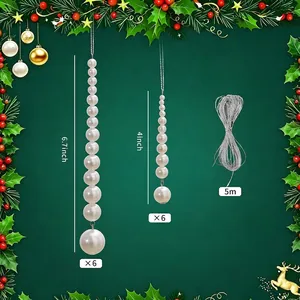 Detailed view of 12pcs beaded pearl Christmas pendants with measurements and 5m string