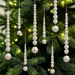 Christmas Artificial Pearl Beaded Hanging Ornaments For Tree Elegant White Faux Pearl Strands Garland For Holiday Festival Party Home Wall Decoration