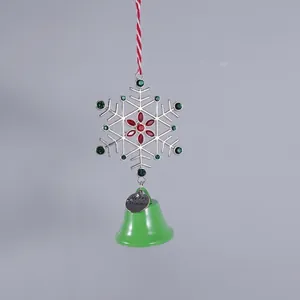 Detailed dimensions of silver snowflake ornament with green bell and Merry Christmas tag