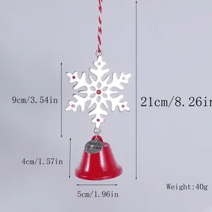 Detailed view of silver snowflake and red bell Christmas tree ornament with measurements