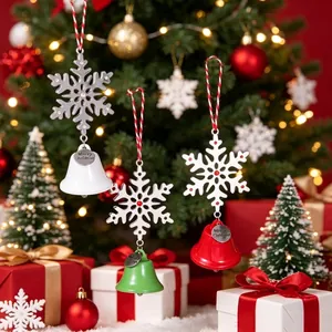 Decorative Christmas snowflake bell pendants hanging on a festive tree with holiday gifts