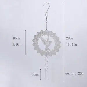 Detailed view of 10cm stainless steel hummingbird 3D wind spinner with size dimensions.