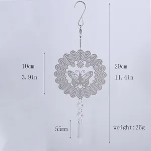 Detailed size specifications for 3D butterfly mandala wind spinner with crystal pendant
