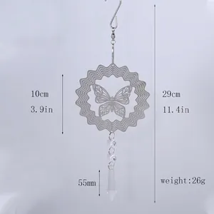3D butterfly stainless steel wind spinner with crystal pendant and dimensions shown