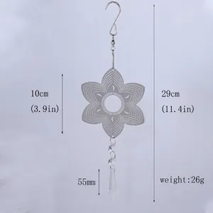 Detail view of 10cm stainless steel mandala wind spinner with crystal pendant dimensions