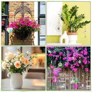 Detailed view showing decorative crystal suncatchers hanging on indoor plants and garden flowers