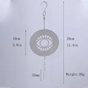 Detail of 10cm stainless steel mandala wind spinner with crystal pendant and dimensions.
