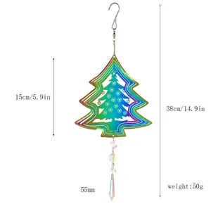 Carillon a vento rotante 3D a forma di albero di Natale colorato con cristallo per giardino.