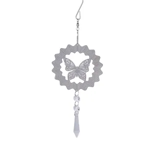 10cm stainless steel 3D butterfly wind spinner sun catcher with crystal pendant