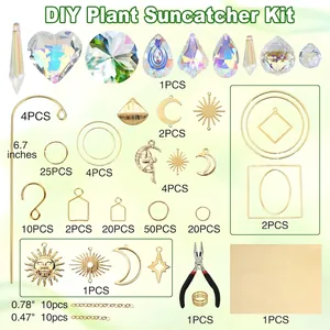 Complete DIY plant suncatcher kit with crystals, metal charms, and tools for crafting.