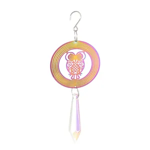 Carillon éolien 3D hibou en acier inoxydable avec pendentif en cristal à facettes