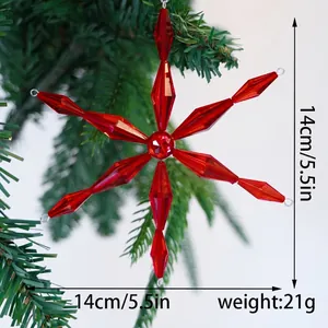 Ornamento natalizio a fiocco di neve rosso con dettagli su dimensioni e peso del decoro.