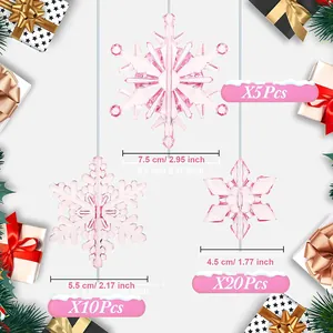 Specifiche dettagliate sulle dimensioni del set di 35 fiocchi di neve in acrilico.