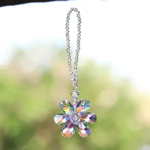 Detail of colorful crystal flower suncatcher prism showing iridescent rainbow effect