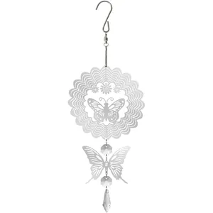 Detailed macro view of stainless steel 3D mandala wind spinner with crystal pendants