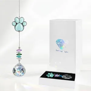 Suncatcher Memoriale per Animali Domestici Impronta di Zampa in Occhio di Gatto Prisma Arcobaleno Sfera di Cristallo Cuore Decorazione da Appendere
