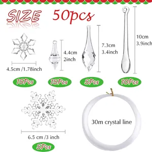 Kit complet de décoration de Noël avec 50 pendentifs en cristal clair et 30m de fil