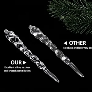 Close-up detail of clear acrylic Christmas icicle ornaments with realistic spiral design