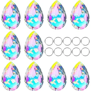 Detailed view of 10-piece AB color teardrop crystal prisms with metal rings
