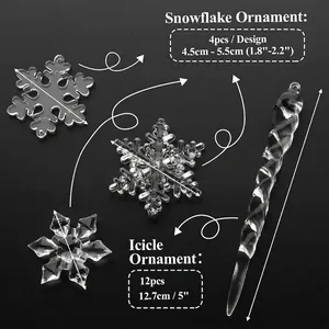 Detailed view of clear acrylic snowflake and icicle ornaments with size measurements.