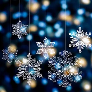 Clear acrylic snowflake ornaments hanging for Christmas tree and winter party decor