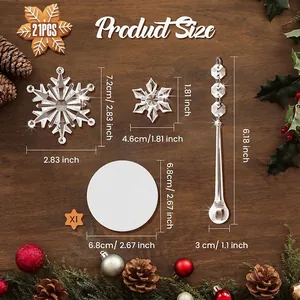Detailed dimensions of 21pcs clear acrylic snowflake and teardrop ornaments for tree
