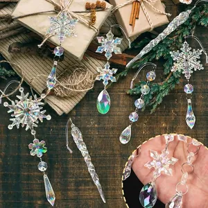 Macro view of iridescent snowflake and icicle ornaments arranged on festive background