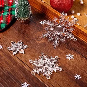 Detailed view of clear acrylic snowflake ornaments for Christmas tree decor