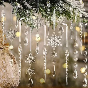 Christmas Snowflake Icicle Ornaments Set Plastic Crystal Look Hanging Decorations for Xmas Tree Home Party Winter Decor