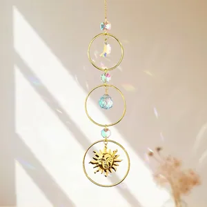 Bohemian Crystal Suncatcher Hanging Ornament Moon Sun Water Drop Gold Metal Prism For Window Outdoor Garden Home Decor