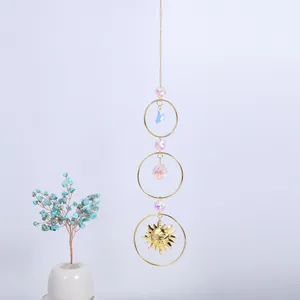 Boho gold sun and moon crystal suncatcher with faceted glass beads for window decor