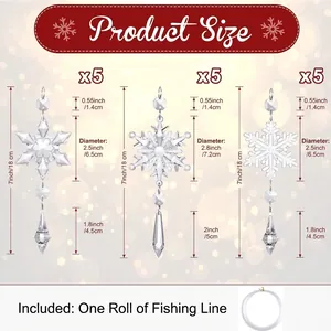 Set of 15 clear acrylic snowflake ornaments for Christmas tree decor with fishing line
