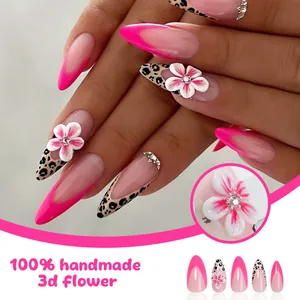 Handmade almond press-on nails with 3D pink flowers, leopard print and neon French tips
