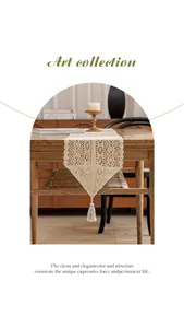 Vintage hollow-out crochet lace table runner with tassel on wooden table decor