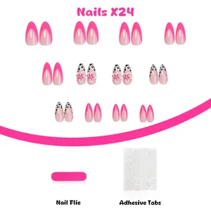Complete press-on nail kit with 24 almond nails, file, and adhesive tabs.