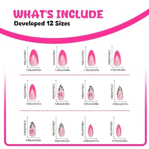 Detailed size chart for twelve almond French press-on nails featuring leopard and floral designs.
