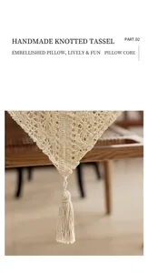 Detailed macro view of a handmade crochet table runner featuring delicate tassels