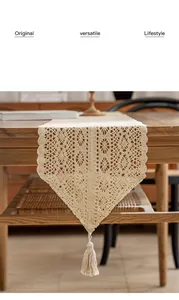Close-up detail of handmade crochet lace table runner showing intricate hollow patterns