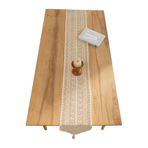 Bohemian vintage cream crochet lace table runner with tassels for rustic dining decor