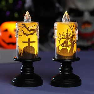 Vela Electrónica LED de Halloween Pies Altos Negros Silueta Murciélago Casa Embrujada Lámpara Decorativa de Atmósfera Espeluznante para Bar