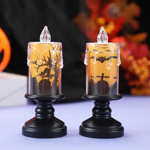 Velas LED decorativas de Halloween con base de pedestal negra y siluetas espeluznanti.