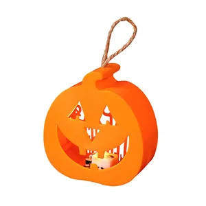 Halloween orange LED pumpkin hanging lantern with rope handle for festive party decor