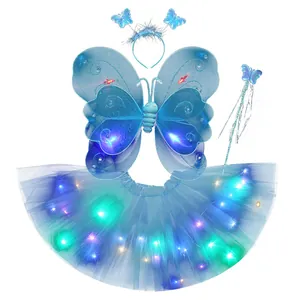 Magical glowing LED blue butterfly wings and tutu fairy costume set for kids performance