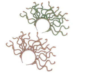 Vista dettagliata dei cerchietti a serpente Medusa in verde e bronzo per costumi Halloween