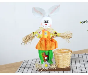 Detail of Easter bunny straw doll with woven bamboo basket for festive home decoration.