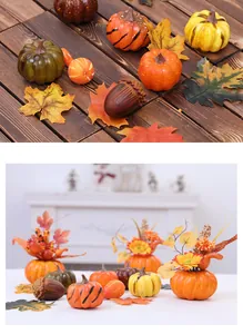 Collection of realistic faux pumpkins, maple leaves, and acorns for autumn decor.
