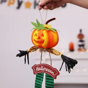 Festive Halloween pumpkin head hanging decoration featuring a rustic 'Halloween' sign